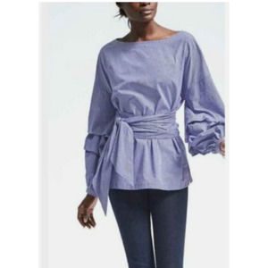 Banana Republic - Blue White Wrap Gingham Tuck Sleeves Boat Neck